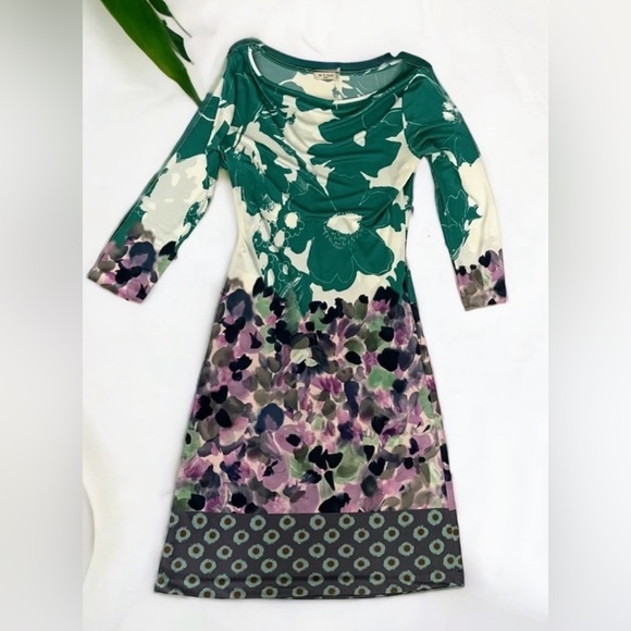 ETRO Green Purple Floral Abstract Printed 3/4 Sleeve Knee Length Dress - Picture 1 of 13